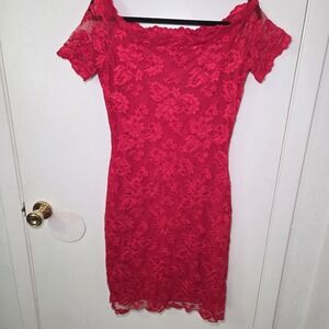 Cache L Red Lace Bodycon Dress Off Shoulder Sheer Floral Stretch Cocktail Party